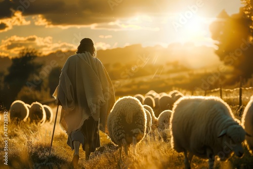 Shepherd scene with jesus christ guiding and protecting his flock in a field Symbolizing care Leadership And faith under divine light. photo