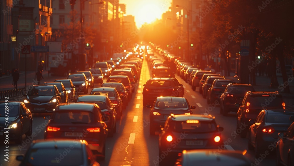 Fototapeta premium Many cars are stuck in traffic jams on the city roads, morning rush hour