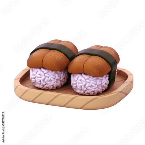 sushi with grilledn unagi topping on wooden plate 3d illustration photo