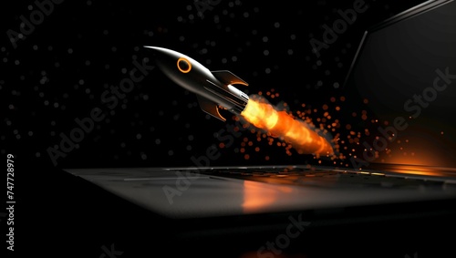 Rocket flying out of laptop on black background