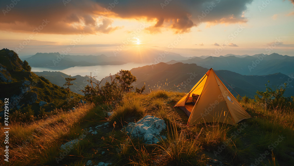 Tourist tents atop a mountain with a beautiful view of nature at sunrise, enjoy camping on the weekends - obrazy, fototapety, plakaty 