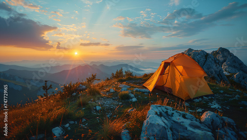 Tourist tents atop a mountain with a beautiful view of nature at sunrise, enjoy camping on the weekends photo