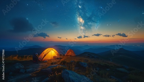 Tourist tents atop a mountain with views of nature and the beautiful Milky Way at night, enjoy camping on the weekends