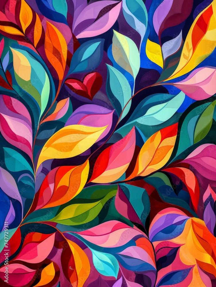 A vibrant painting showcasing multicolored leaves against a striking blue backdrop. The leaves vary in shades of green, yellow, orange, and red, adding a lively contrast to the serene background.