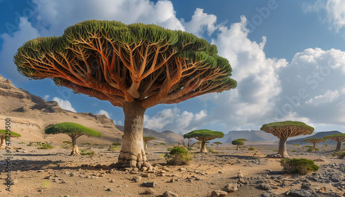 Unique dragon blood trees with umbrella-shaped canopies scatter across a rocky desert landscape