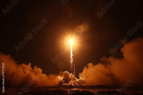 A rocket launching into the night sky Representing exploration and the daring spirit of space missions