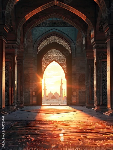 beautiful view of the mosque with the morning sun in the background - generative ai