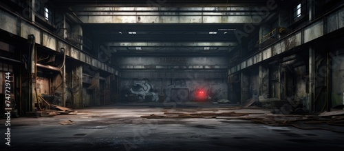 An abandoned industrial building with a dark and gritty atmosphere, illuminated by a single red light in the center. The red light casts eerie shadows and adds a sense of mystery to the interior. photo
