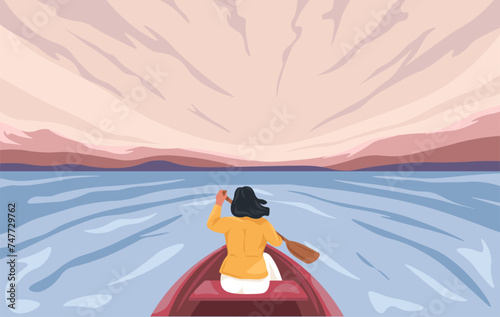 Woman rowing on lake or river, lady in boat vector