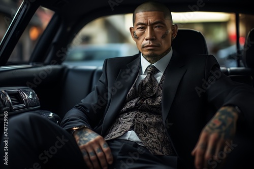 Portrait of Mafia boss with tattoo