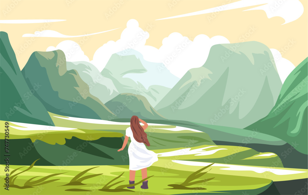 Woman enjoying mountains landscape view, vector