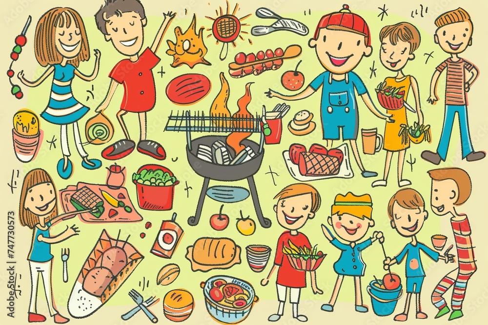 Cartoon cute doodles of families having a barbecue and enjoying grilled food in the backyard, Generative AI