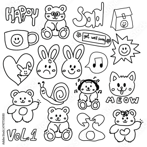 Outlines of teddy bear, rabbit, cat, egg, sun, HAPPY and SAD letters for colouring book, animal print, cute stickers, easter, plush toy, doll, cartoon character, comic, cute patches, picnic, summer