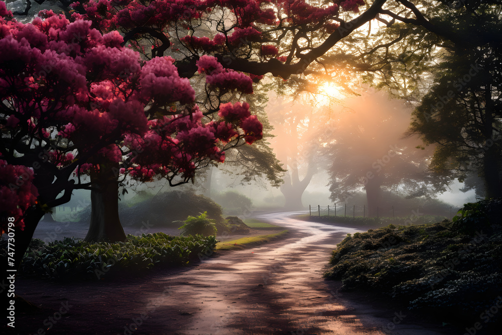 Morning Mist and Colorful Splendor: A Dreamy Vision of an Azalea Garden in Full Bloom