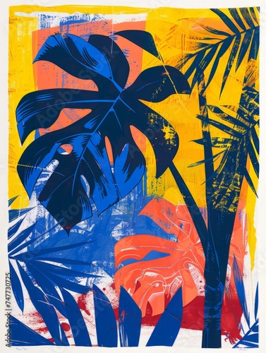 A colorful painting featuring a palm tree depicted in bold shades of blue  yellow  and red  standing out against a vivid background.