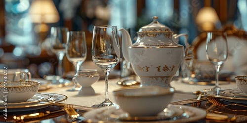 Elegant dining table set with fine glassware gleaming under soft warm lighting