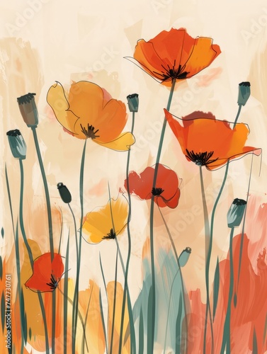 A painting showcasing vibrant orange and yellow flowers set against a clean white background. The flowers are the focal point, with intricate details and contrasting colors enhancing their beauty.