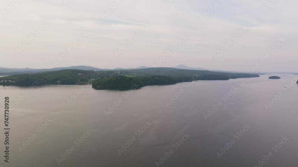Tranquility Of A Lake With Lush Forest Trees During Sunrise In Quebec, Canada. Aerial Wide Shot Tranquility Of A Lake With Lush Forest Trees During Sunrise In Quebec, Canada. Aerial Wide Shot