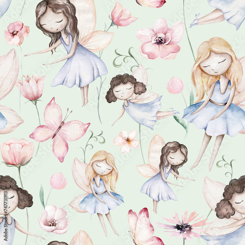 Fairy and Flowers watercolor seamless girls nursery pattern. Cartoon pink magic girl baby background. Faitytale textile art © kris_art
