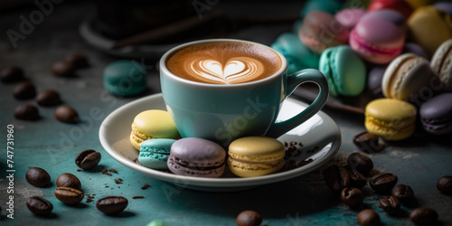 Coffee and Macaroons. Cup of Cappuccino  roasted coffee beans and colourful macaroons. Dessert and Beverage