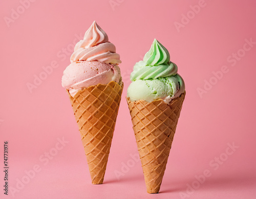 Plane pastel pink background. Wafel cone with two scoops of ice cream. Icream of mint and yellow color.  photo