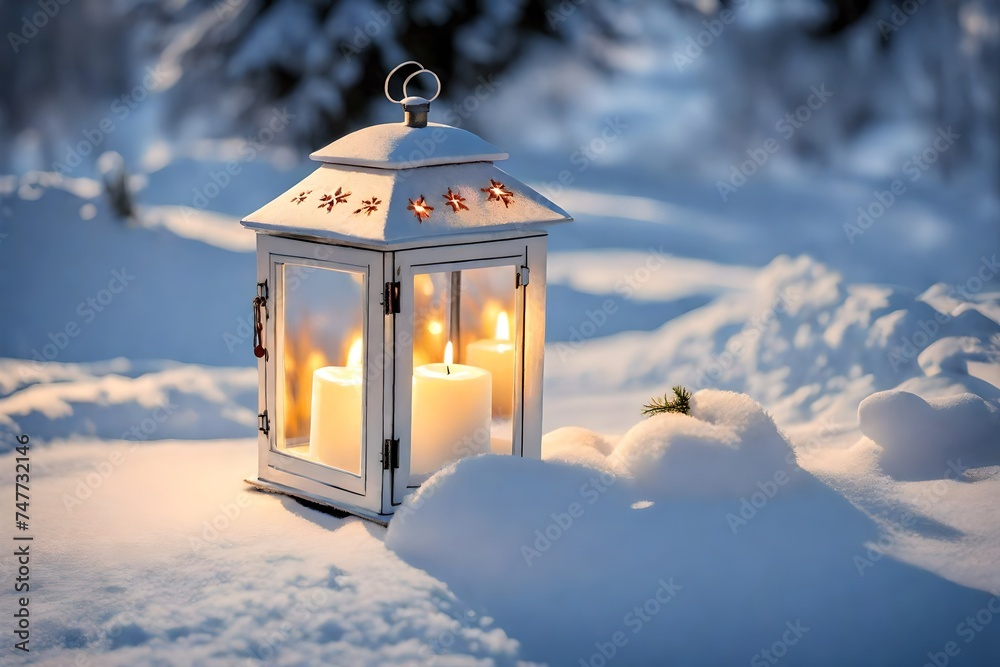 White christmas lantern with candle inside, on pure snow, in evening light - obrazy, fototapety, plakaty 