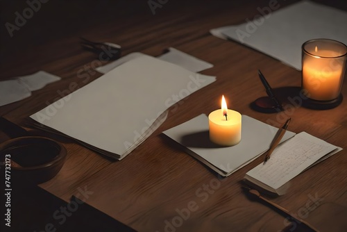 A small candle lit on a table with some paper