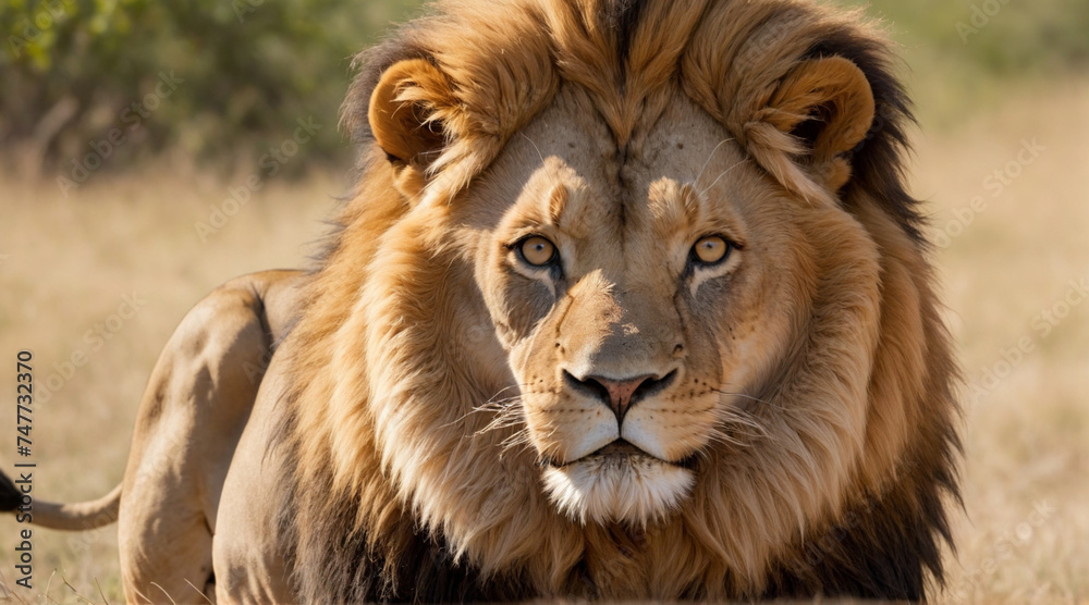 A male lion with thick fur is in the savanna forest.