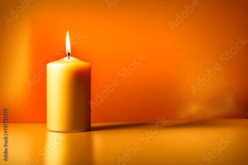Close up of one glod candle in orange and yellow background