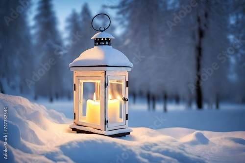 White christmas lantern with candle inside, on pure snow, in evening light © MISHAL