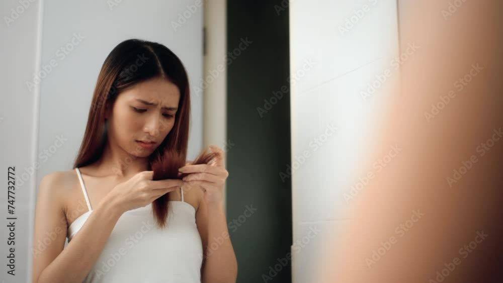 Worry moment of Attractive asian women have unhealthy hair problems from hair coloring looking at mirror in bathroom. Unhappy Young pretty female sad her hair dry, loss. Worry moment of Attractive asian women have unhealthy hair problems from hair coloring looking at mirror in bathroom. Unhappy Young pretty female sad her hair dry, loss.