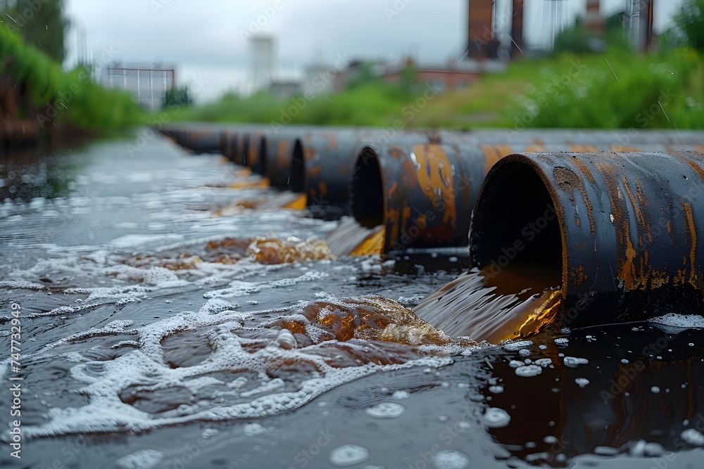 Wastewater pipes from industrial plants which is a large pipe made of metal. The wastewater flowing from the pipe is black and cloudy. Used to campaign to make people aware of environmental problems. Wastewater pipes from industrial plants which is a large pipe made of metal. The wastewater flowing from the pipe is black and cloudy. Used to campaign to make people aware of environmental problems.