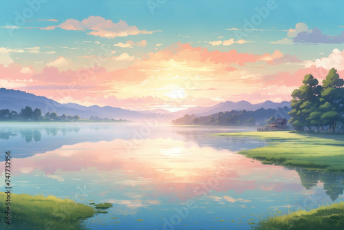 Lake in the countryside at morning sunrise covered in a thin haze of smoke. Without people. In anime Style