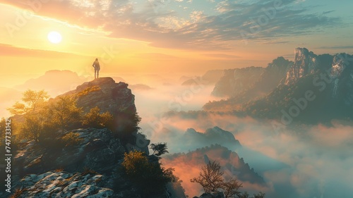 Solitude at sunrise with a solitary figure on cliff admiring the beauty of nature. © sopiangraphics