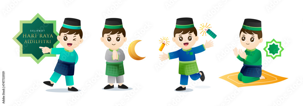 Collection of cute Muslim boys character design with lanterns and ketupat in different poses. Hari Raya Aidilfitri cartoon character set. Vector illustration. Collection of cute Muslim boys character design with lanterns and ketupat in different poses. Hari Raya Aidilfitri cartoon character set. Vector illustration.