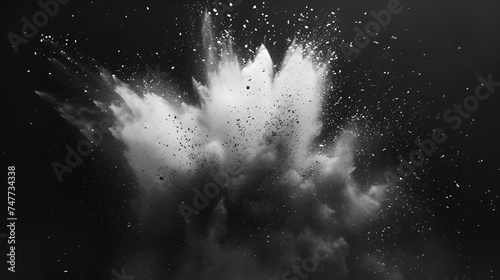 Black charcoal powder dust paint white explosion explode burst isolated splatter abstract. Powder charcoal background black smoke particles on white background. generative ai