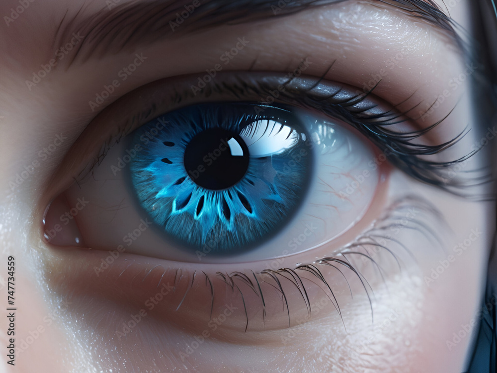 Fototapeta premium Close up view of beautiful female eye with blue iris. Macro shot