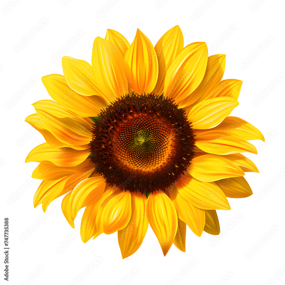 Fototapeta premium Ripe sunflower with yellow petals and dark middle, isolated on white transparent background.