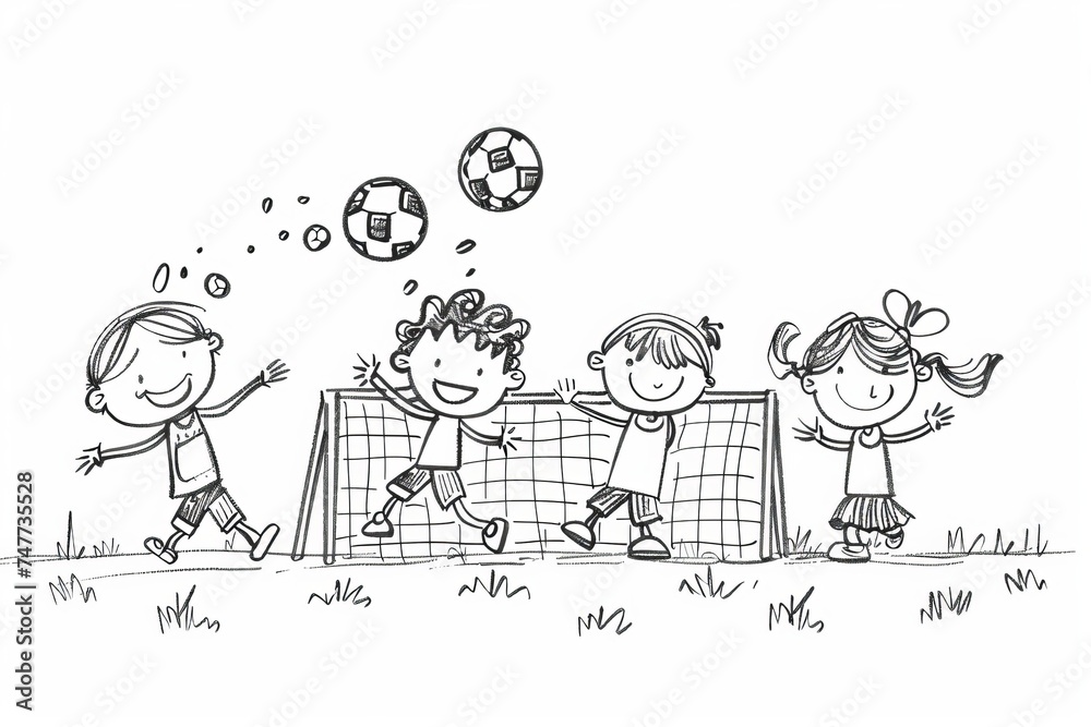 Cartoon cute doodles of children playing soccer and scoring goals in the neighborhood park, Generative AI