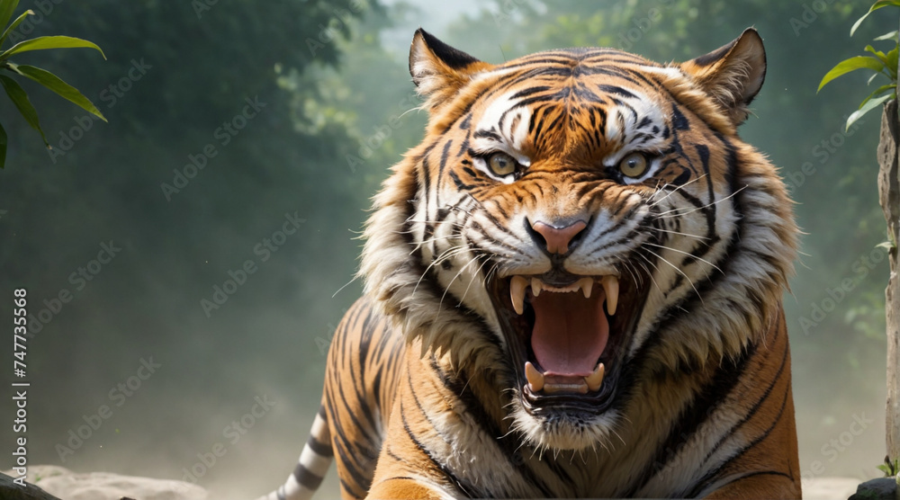 An angry male tiger was in the jungle.