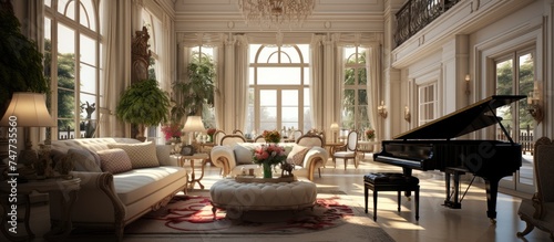 A living room filled with various pieces of furniture, dominated by a grand piano. The room is well-decorated, with a comfortable sofa, armchairs, coffee table, and decorative items.