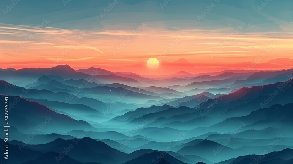 Serenity at sunrise, ethereal mountain layers and vibrant sky hues - obrazy, fototapety, plakaty 