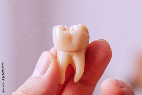 Hand holding a tooth dental treatment isolated on gray background