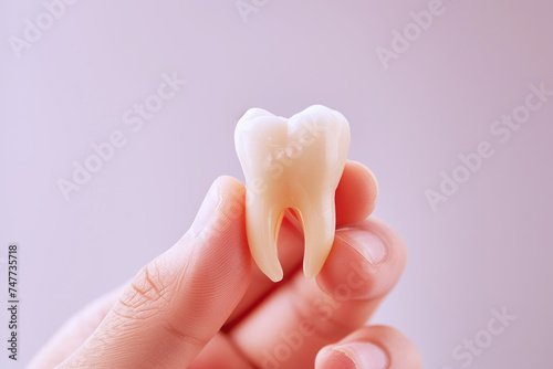 Hand holding a tooth dental treatment isolated on gray background