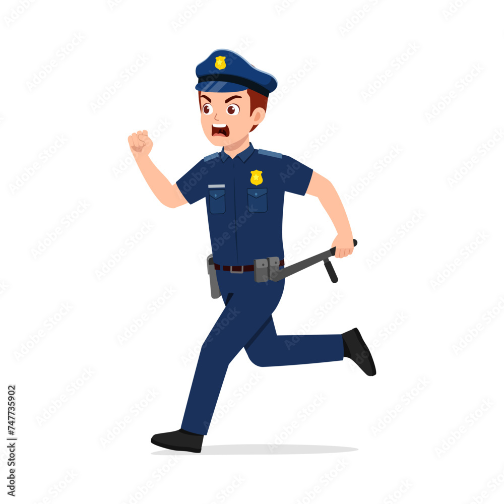 Fototapeta premium police man running holding baton