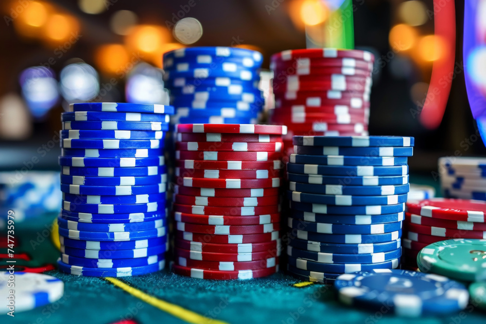 Poker chips in casino on blur background. Generation AI