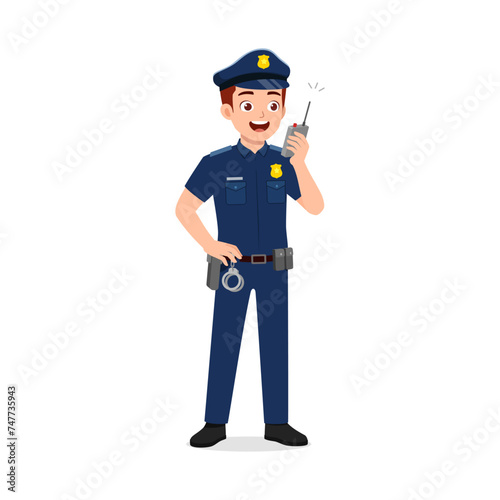 police man holding radio phone and talk