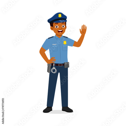 police man standing and waving hand