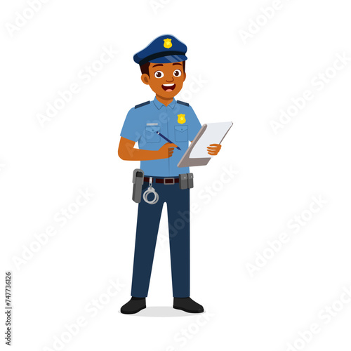 police man holding notebook and writing