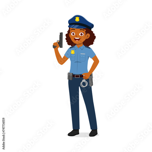 police man holding gun and smile